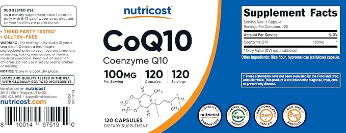 Nutricost CoQ10 100mg, 120 Vegetarian Capsules, 120 Servings - High Absorption, Vegetarian, Non-GMO, Coenzyme Q10 (Pack of 2)