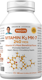 ANDREW LESSMAN Vitamin K2 MK7 240 mcg 180 Softgels - Essential for Healthy Calcium Utilization, Promotes Optimum Skeletal, Heart and Arterial Health. No Additives. Small Easy to Swallow Softgels