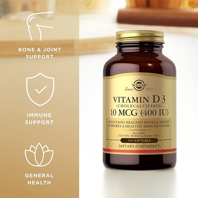 Solgar Vitamin D3 (Cholecalciferol) 10 mcg (400 IU) - 250 Softgels - Helps Maintain Healthy Bones & Teeth - Immune System Support - Non-GMO, Gluten Free, Dairy Free - 250 Servings