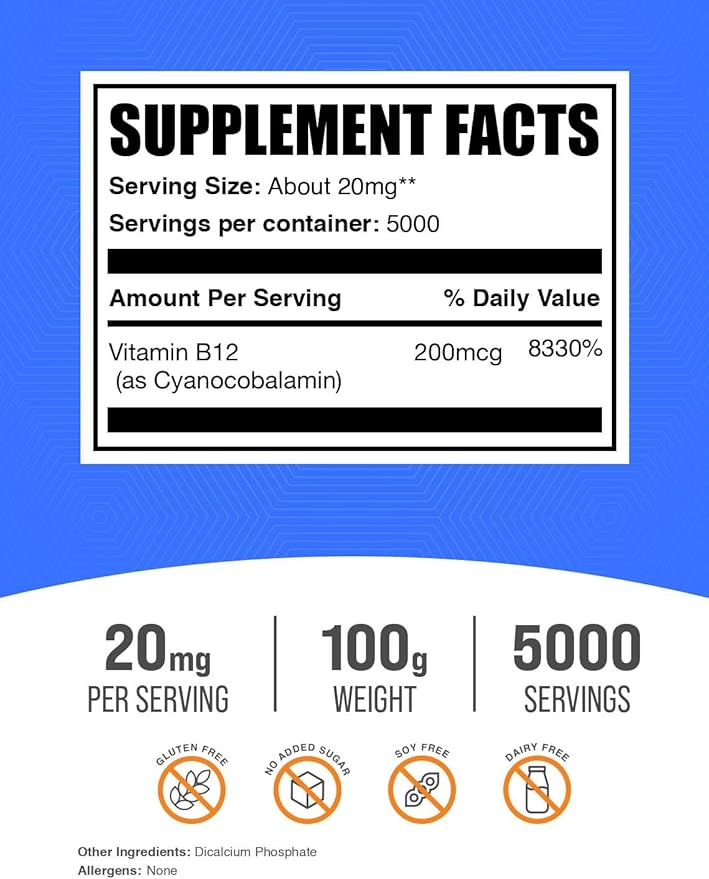 BulkSupplements.com Vitamin B12 Powder - as Cyanocobalamin, Vitamin B Supplement, Essential Vitamins- Gluten Free, 20mg per Serving, 100g (3.5 oz) (Pack of 1)
