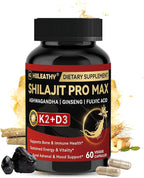 Shilajit for Men Women, Shilajit w/Vitamin D3 K2, Shilajits for Men w/Fulvic Acid Ashwagandha Ginseng Root, Shilajits for Extra Power Stamina Immune Support, Non-GMO Made in US 60 Capsules