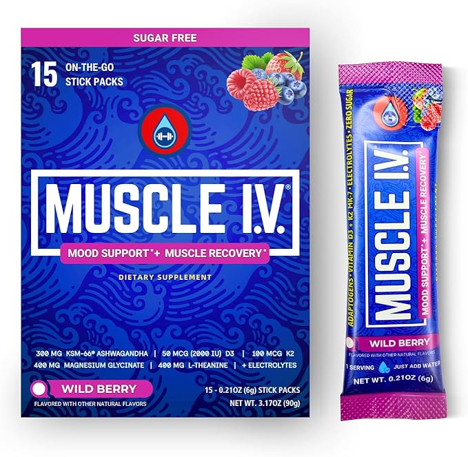 Muscle I.V.® Mood Support, Recovery, Cortisol Reducer Supplement, Vitamin D3 K2, Magnesium Glycinate, L-Theanine, KSM-66® Ashwagandha, Electrolytes Powder Packets, Sugar Free. 15 Ct (Wild Berry)