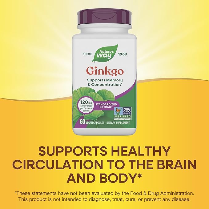 Nature's Way Ginkgo Premium Extract, Supports Memory & Concentration*, 120 mg Ginkgo Biloba Extract per 2-Capsule Serving, with Gotu Kola, Vegan, No Gluten, 60 Capsules (Packaging May Vary)
