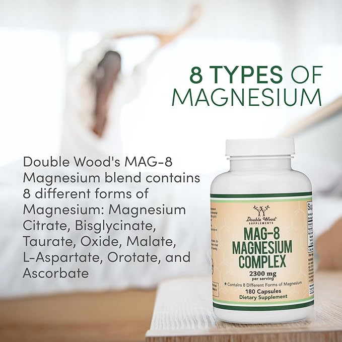 Magnesium Complex Supplement 180 Capsules (426mg Elemental Magnesium Provided by 2,300mg of Eight Different Forms of Magnesium) MAG-8 Provides 100% Daily Recommended Value of Magnesium by Double Wood
