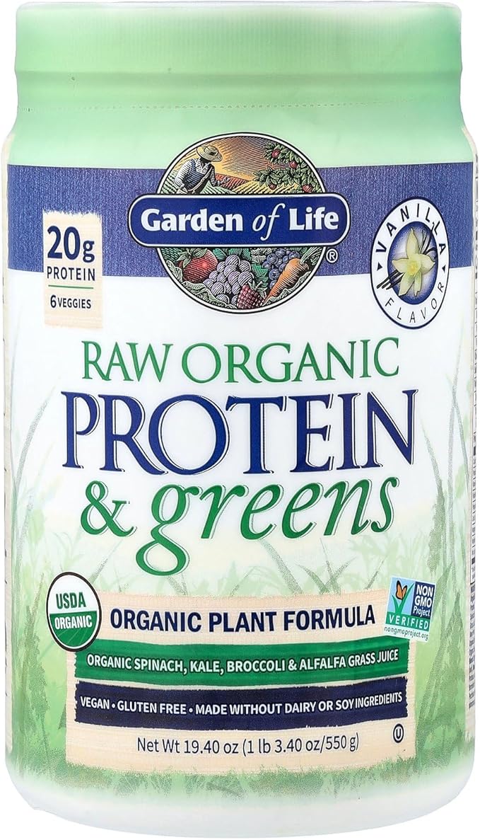 Garden of Life Raw Protein & Greens Vanilla Protein Powder – 20g Plant Based Greens Powder, Probiotics & Enzymes, Post-Workout Recovery, Vegan, Gluten-Free, Non-GMO, 20 Servings