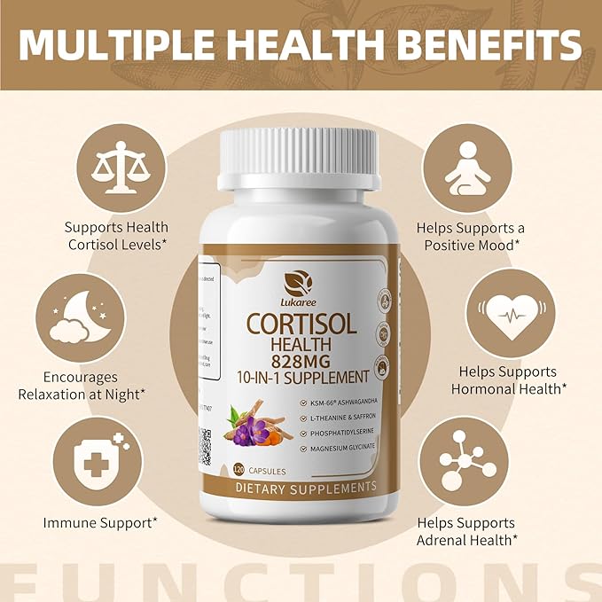 10-IN-1 Cortisol Supplements w/ KSM-66® Ashwagandha 300mg + L-Theanine 250mg, Magnesium Glycinate, Saffron, Phosphatidylserine, Turmeric & Vitamin C D3 B6 B5, For Women Men, 120 Capsules 2 Pack