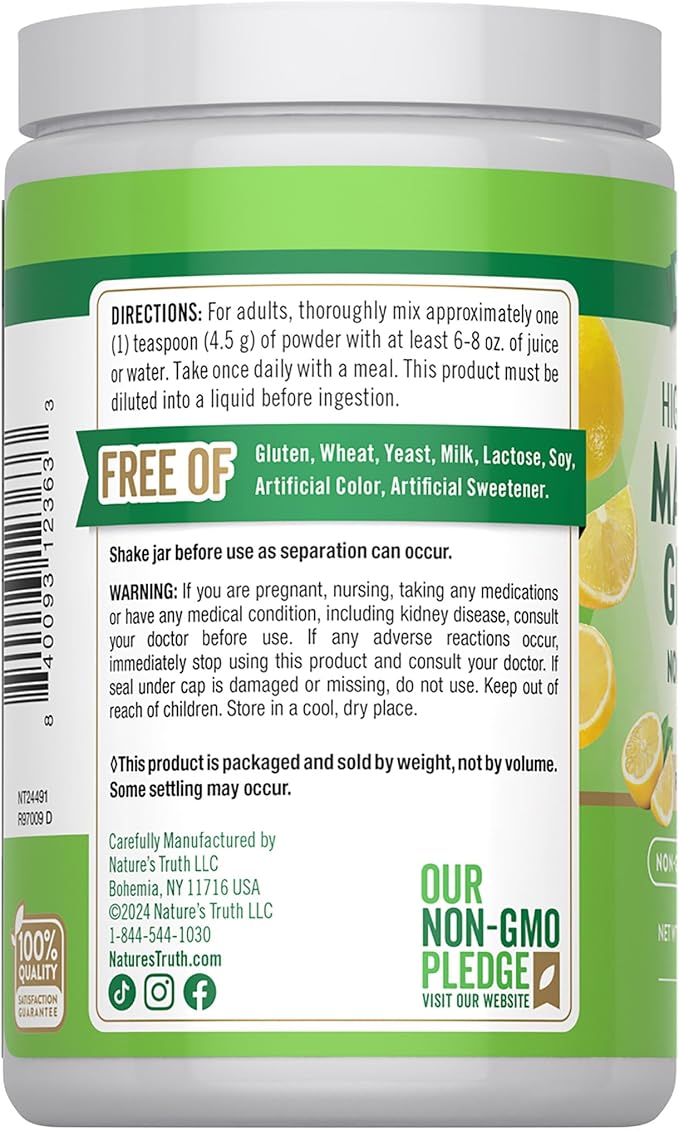 Nature's Truth Magnesium Glycinate Powder | 6 oz | Lemon Flavor | High Absorption | Vegan, Non-GMO, Gluten Free Supplement