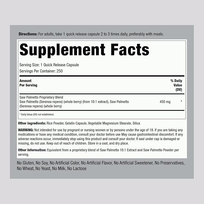 Piping Rock Saw Palmetto for Men and Women | 250 Capsules | Herb Extract Supplement | Serenoa Repens | Non-GMO, Gluten Free