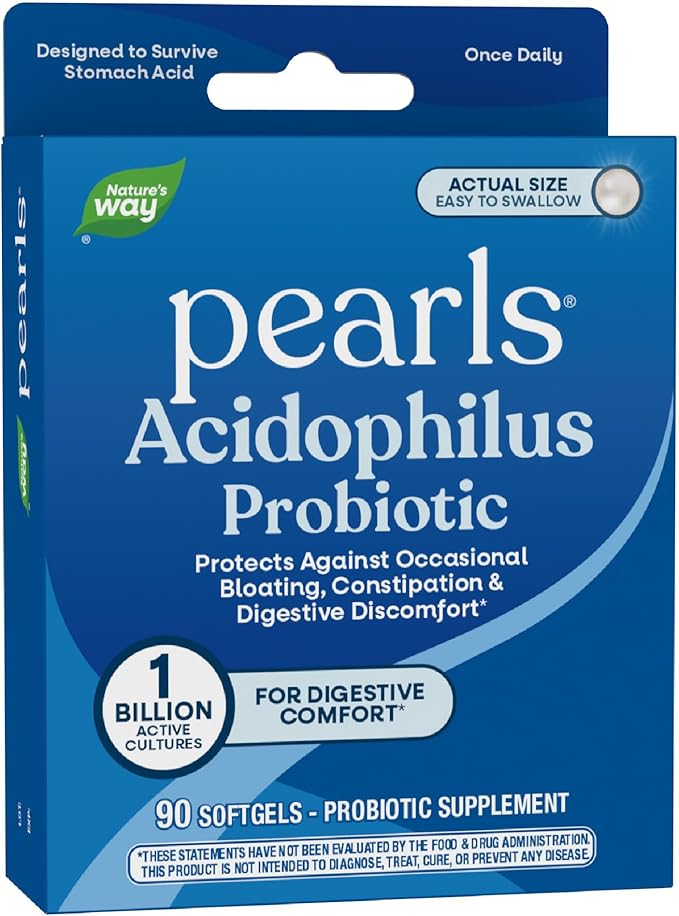 Nature's Way Probiotic Pearls Acidophilus, Supports Digestive Balance & Gut Health, Reduce Occasional Constipation and Bloating*, 1 Billion Cultures, 90 Softgels