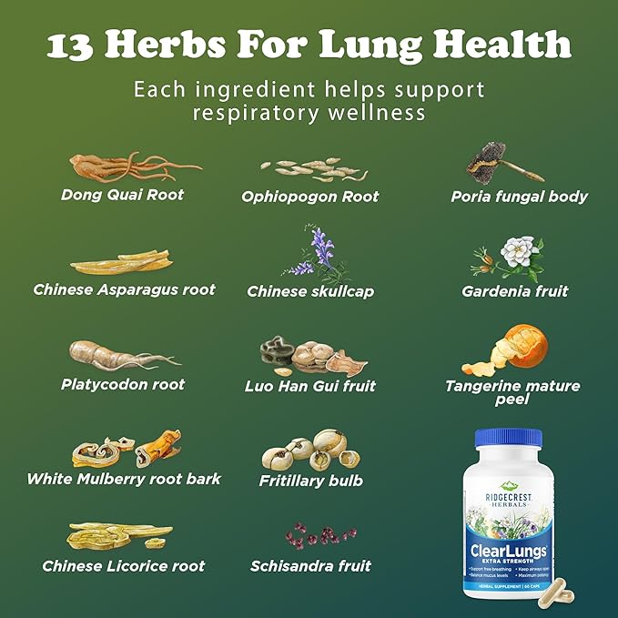 RidgeCrest Herbals ClearLungs Extra Strength, Daily Health Supplement, Natural Lung and Nasal Wellness Formula (60 Vegan Caps, 30 Serv)