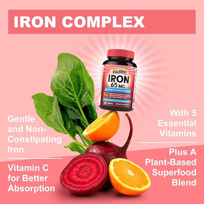 Iron Supplement for Women & Men, 65 mg, Ferrous Sulfate, Vitamin C, D3, B6, B12, Folate, Beet Root, Spinach, Pumpkin Seeds, Nettle, for Red Blood Cell & Energy Production, 90 Tablets