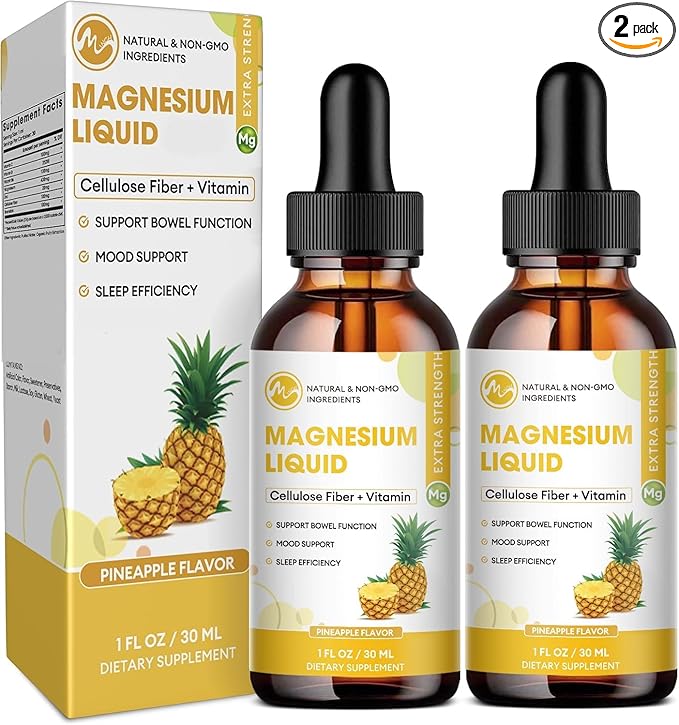 M inch Magnesium Glycinate Liquid, High Absorption Magnesium Liquid Drops with Cellulose Fiber, Bromelain, Vitamin B6, C, D, Zinc, Magnesium Supplement for Kids and Adults, Pineapple Flavor, 2 Pack