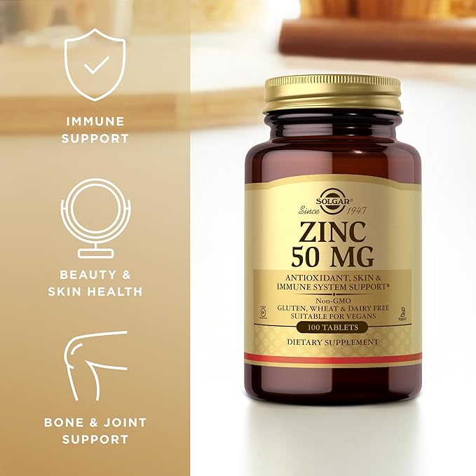 Solgar Zinc 50 mg, 100 Tablets - Zinc for Healthy Skin, Taste & Vision - Immune System & Antioxidant Support - Supports Cell Growth & DNA Formation - Non GMO, Vegan, Gluten Free - 100 Servings