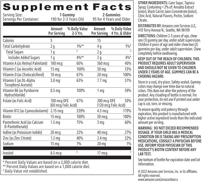 Amazon Basics Kids' Multivitamin Gummies, Cherry, Strawberry & Orange Flavors, 190 Count (Previously Solimo)