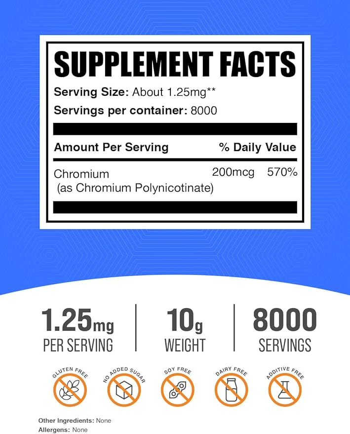 BulkSupplements.com Chromium GTF Powder - Chromium Polynicotinate - Gluten Free & Yeast Free, 1.25mg per Serving (200mcg), 10g (0.35 oz) (Pack of 1)