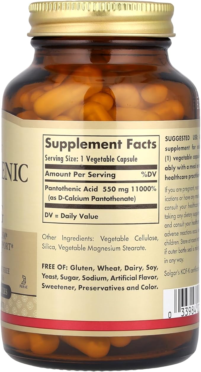 Solgar Pantothenic Acid 550 mg Vegetable Capsules Vitamin B5 Energy Metabolism Nervous System Support Gluten Free Dairy Free Kosher Servings, Standard Packaging, 100 Count