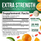 Vitamin C 1000mg Per Serving Chewable - Extra Strength Antioxidants for Powerful Immune Support w/Vitamin C & Rose HIPS, Potent Dietary VIT C Chews Supplement, Natural Orange Flavor, 60 Tablets