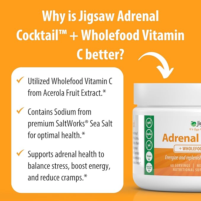 Jigsaw Health Adrenal Cocktail + Wholefood Vitamin C | with Potassium Bicarbonate, Sea Salt, and Acerola Cherry Extract | 60 Servings (Jar)