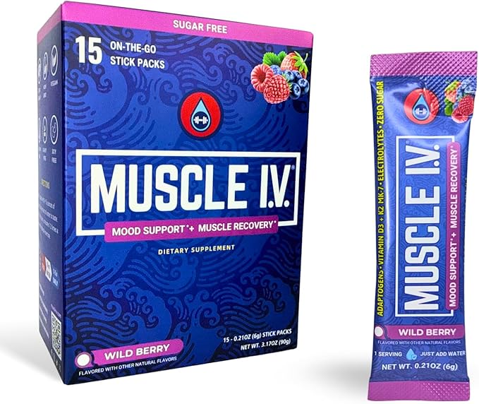 Muscle I.V.® Mood Support, Recovery, Cortisol Reducer Supplement, Vitamin D3 K2, Magnesium Glycinate, L-Theanine, KSM-66® Ashwagandha, Electrolytes Powder Packets, Sugar Free. 15 Ct (Wild Berry)