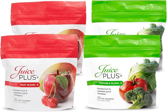 JuicePlus+ Fruit & Vegetable Blend Soft Chews - Tasty Vegan Fruit, Veggie Gummy Vitamins for Adults & Kids - 4 Month Supply 4 packs (2 of each flavor)