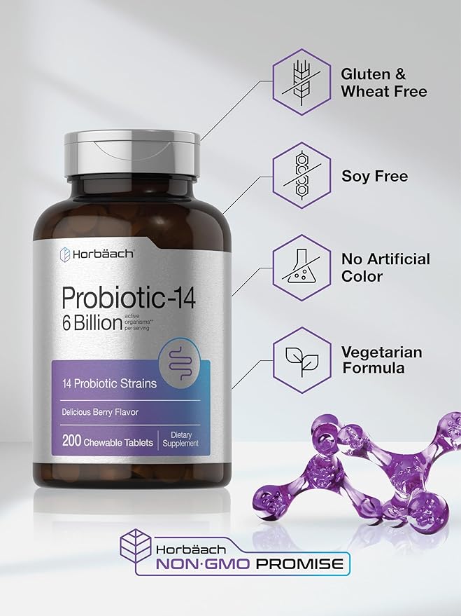 Horbäach Probiotics 6 Billion CFUs | 200 Chewable Tablets | Berry Flavor | 14 Probiotic Strains | Vegetarian, Non-GMO & Gluten Free Supplement for Men & Women