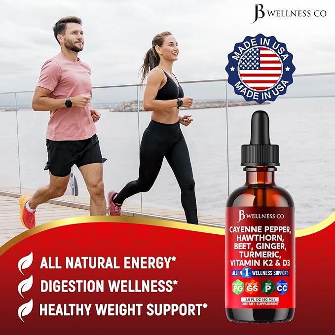 Cayenne Pepper Supplement Liquid Drops + Hawthorn Berry, Vitamin D3 K2 Beet Root Powder, Ceylon Cinnamon, Turmeric Curcumin, Organic Panax Ginseng - 4oz