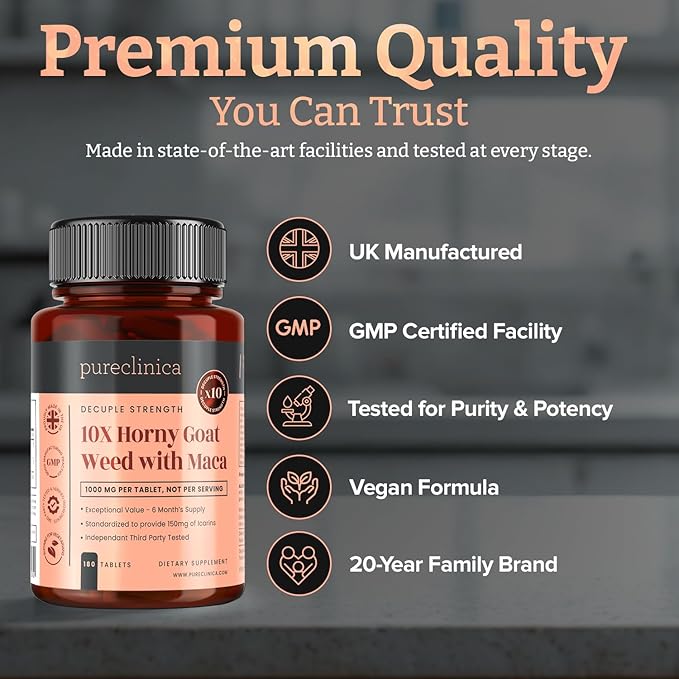 pureclinica Horny Goat Weed & Maca 1000mg – 180 Tablets (6 Month Supply) – 10X Icariins Strength – w/Black Pepper for 300% Absorption – Energy, Libido & Performance Support