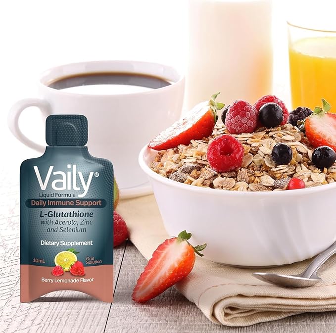 Vaily Immune Support Supplement for Adults - Liquid Glutathione Supplement 500 mg w/Acerola Vitamin C Zinc & Selenium - High Potency Antioxidant, Skin Health, Detox Every Day - 30 Single-dose Vials
