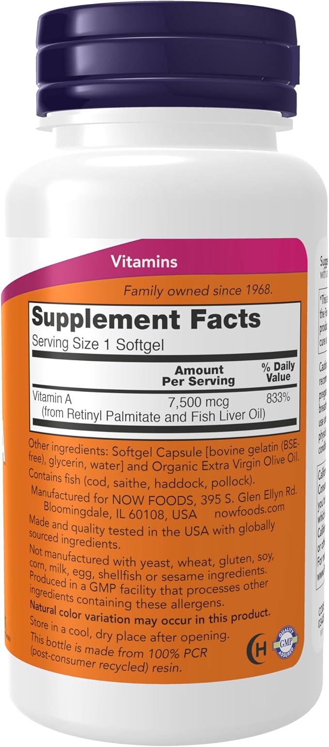 NOW Foods Supplements, Vitamin A (Fish Liver Oil) 25,000 IU, Essential Nutrition, 250 Softgels (Pack of 2)