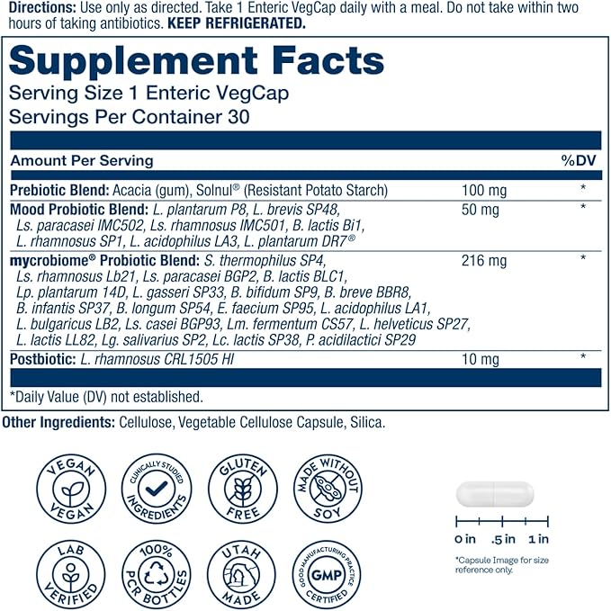 SOLARAY Mycrobiome Complete Probiotic Mood Formula - Pre and Probiotics for Women and Men Plus Postbiotic - 50 Billion CFU, 28 Strains - Vegan, Clinically Studied Ingredients - 30 Servings, 30 VegCaps