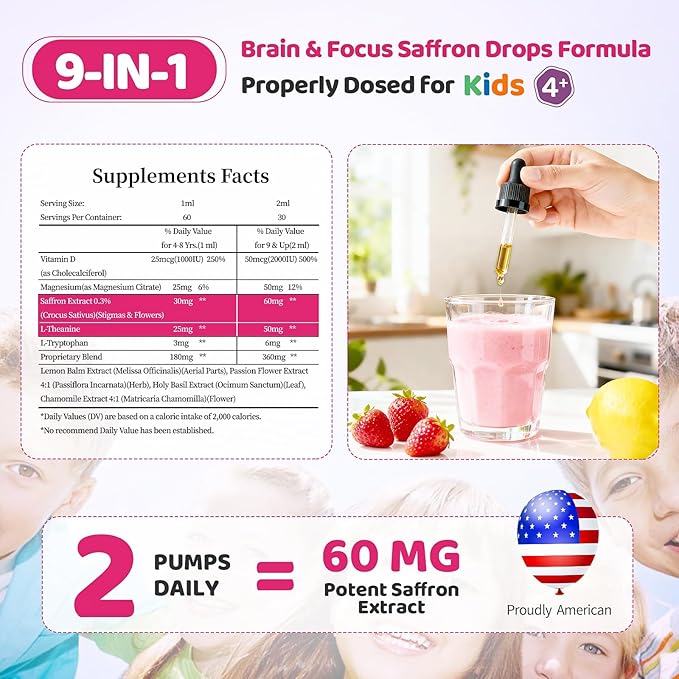 Liposomal Kids Saffron Drops – Organic Saffron Extract Liquid with Holy Basil, Passion, L-Theanine for Focus, Energy Support, Well-Being, Easy to Take Saffron Supplements for Kids, Vegan, 2 FL OZ