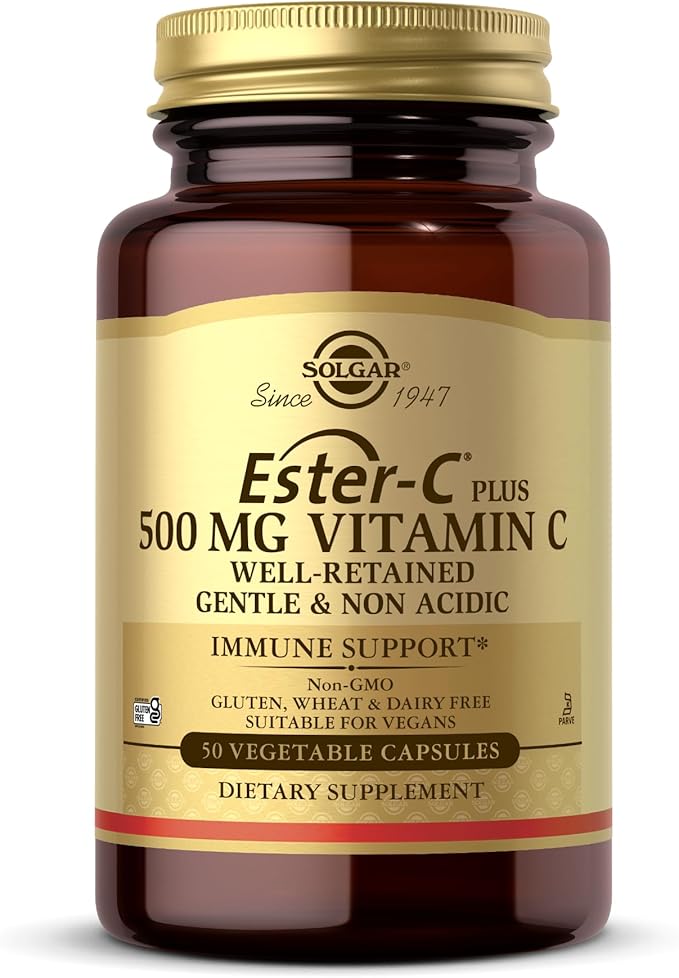 Solgar Ester-C Plus 500 mg Vitamin C (Ascorbate Complex) - 50 Vegetable Capsules - Gentle & Non Acidic - Antioxidant & Immune Support - Non GMO, Vegan, Gluten Free, Kosher - 50 Servings