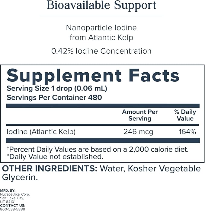 Heritage Store Nascent Colloidal Iodine Drops 246mcg, Liquid Supplement with Nascent Iodine from Atlantic Kelp, Bioavailable, Vegan, Approx. 480 Servings, 1oz