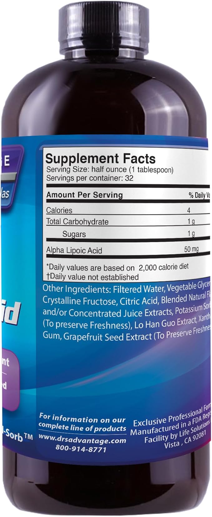 Alpha Lipoic Acid - Liquid Dietary Supplement with 50mg ALA per Serving - Packed with Antioxidants - Pharmacist Formulated, Rapid-Sorb Technology for Nutrient Absorption - 16 fl. oz.