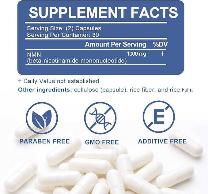 NMN Supplement 1000mg Pure Organic - NMNH Alternative, Supports Cellular Energy, NAD+ Levels & Healthy Aging, NAD+ Supplements for Women & Men, Nicotinamide Mononucleotide, Gluten Free, 60 Capsules