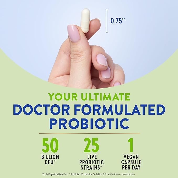 Raw Flora Probiotics with Prebiotics | 50 Billion CFU | 33 Daily Digestive Capsules | Vegan, Non-GMO & Gluten Free Supplement for Women and Men