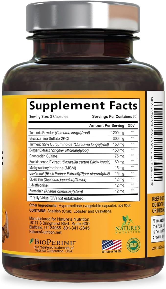 Turmeric Curcumin Supplement - 95% Curcuminoids with Glucosamine, Ginger & MSM, BioPerine Black Pepper Extract for Best Absorption, Natural Vegan Joint Support, Non-GMO, Bottled in USA - 180 Capsules