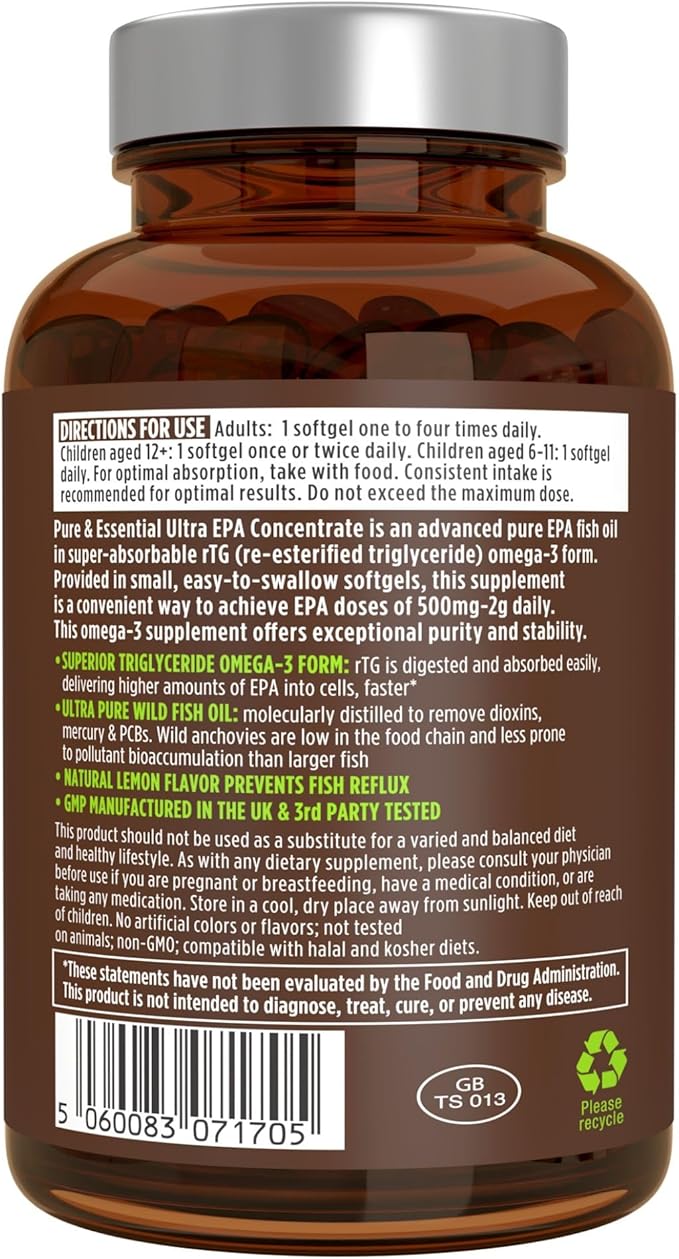 Igennus Ultra Pure Omega-3 EPA 500mg, Highly Concentrated IFOS Certified Wild Fish Oil, Advanced rTG Triglyceride Form, Non-GMO, 180 Small Softgels