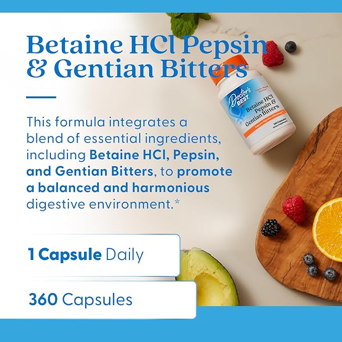 Doctor's BEST Betaine HCI Pepsin & Gentian Bitters,Digestive Enzymes for Protein Breakdown & Absorption,Non-GMO,Gluten Free,360 Count (Pack of 2)