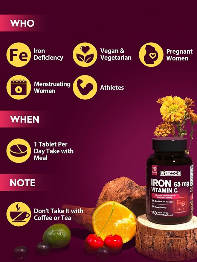 Iron Supplement for Women Men, High Potency Iron 65mg with Vitamin C 250mg, Stomach Friendly Iron Pills for Red Blood Cell & Immune Support, Vegan, Non-GMO & Gluten Free, 180 Tablets