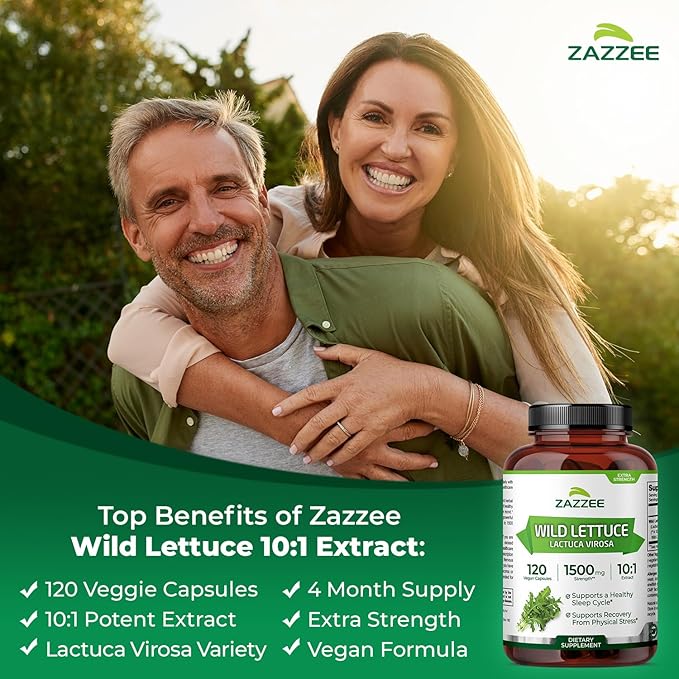 Zazzee Extra Strength Wild Lettuce 10:1 Extract, 120 Vegan Capsules, 4 Month Supply, Lactuca Virosa, Relaxation, Calm & Mood Support, Concentrated 10X Extract, 100% Vegetarian, Non-GMO, Made in USA