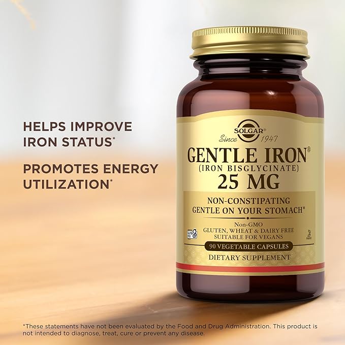 Solgar Gentle Iron (Iron Bisglycinate) 25 mg - 90 Vegetable Capsules - Non-Constipating, Gentle on Your Stomach - Gluten Free - 90 Servings