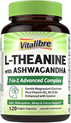 Vitalibre L Theanine Supplement 200mg | 7 in 1 L-Theanine with Magnesium Glycinate, Ashwagandha, Inositol, Vitamin B1 B2 B6 | No Gluten, for Calm, Relaxation, Sleep & Focus Support, 120 Vegan Caps