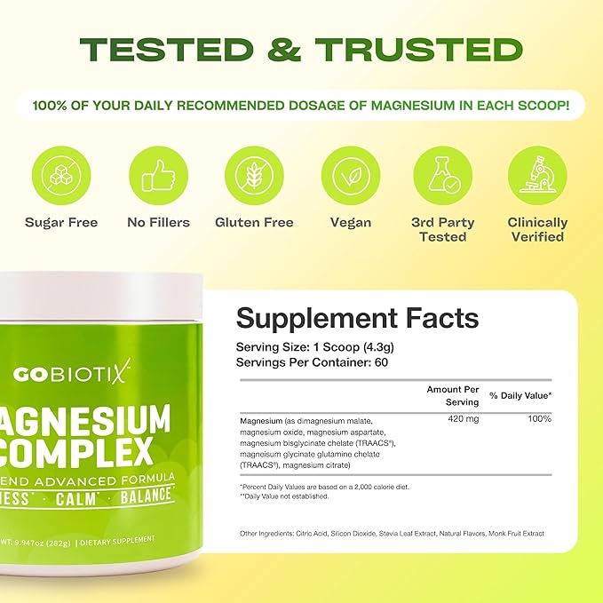 GoBiotix Magnesium Glycinate Powder – Cortisol Supplements for Women and Men – High Absorption Magnesium Complex Calm Supplement with Citrate, Malate – Sugar Free – 420 mg, 60 Servings - Lemon Lime