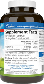 Carlson - Vitamin D3, 2000 IU (50 mcg), Bone Health, Muscle Health, Cholecalciferol, Vitamin D Supplements, Vitamin D3 Soft Gels, 360 Softgels