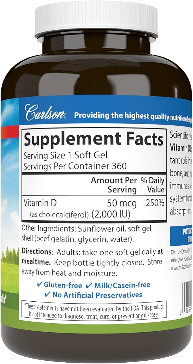 Carlson - Vitamin D3, 2000 IU (50 mcg), Bone Health, Muscle Health, Cholecalciferol, Vitamin D Supplements, Vitamin D3 Soft Gels, 360 Softgels