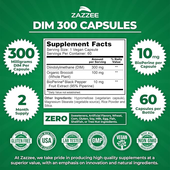 Zazzee DIM 300 mg Per Capsule, 60 Count, Plus 10 mg BioPerine, Estrogen Balance, Hormonal Acne, Menopause Support, Hormonal Balance, Diindolylmethane, Vegan, All-Natural, Non-GMO, Made in The USA