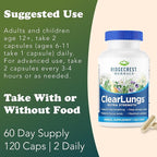 RidgeCrest Herbals ClearLungs Extra Strength, Daily Health Supplement, Natural Lung and Nasal Wellness Formula (120 Vegan Caps, 60 Serv)