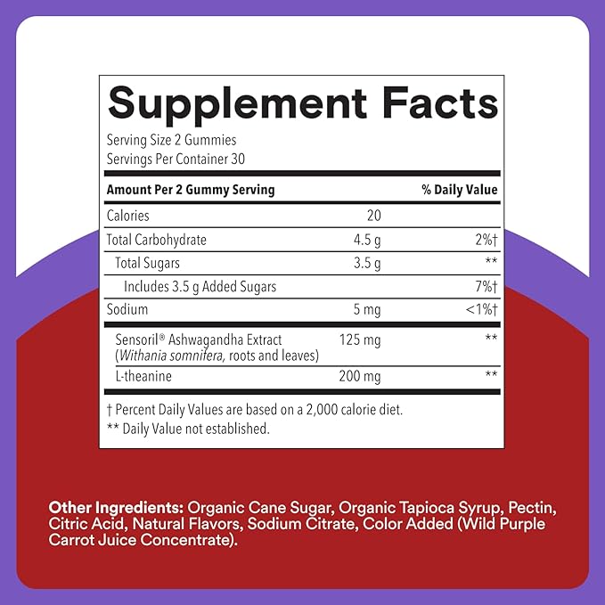 SmartyPants Adult Stress Support Gummies: Fast-Acting Calm & Mood Support with L-Theanine 200mg & Ashwagandha (Sensoril), Non-Drowsy, Mixed Berry Flavor, 60 Count (30 Day Supply)