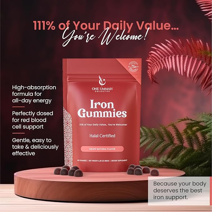 Halal Certified Iron Gummies - Vegan Iron 20mg Gummy Supplement with Vitamin C - Non-Constipation, High Absorption, & Accurate Dosing - 60 Count, Tasty Berry Flavor